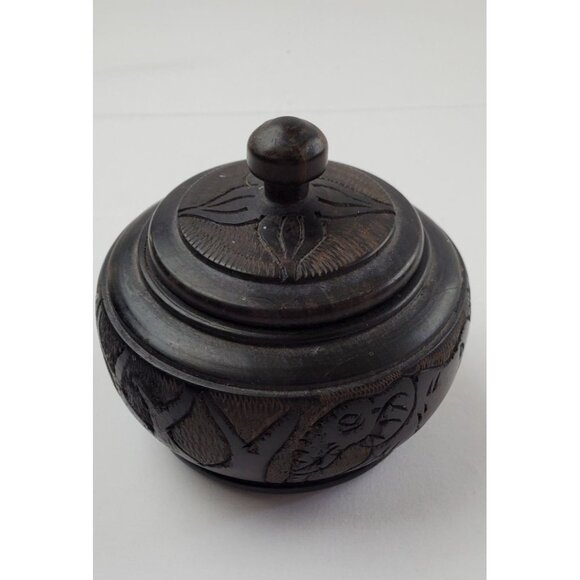 Vintage Africa Wooden Bowl Carved Round Elephants with Lid - Picture 1 of 8